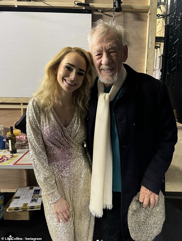 Radiant Lily Collins, 35, posed backstage alongside Ian McKellen, 85, as the acting legend showed her support amid her debut in Barcelona's West End.