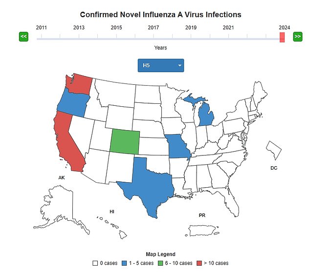 The above map shows bird flu cases by state in the US recorded this year. The cases are among humans