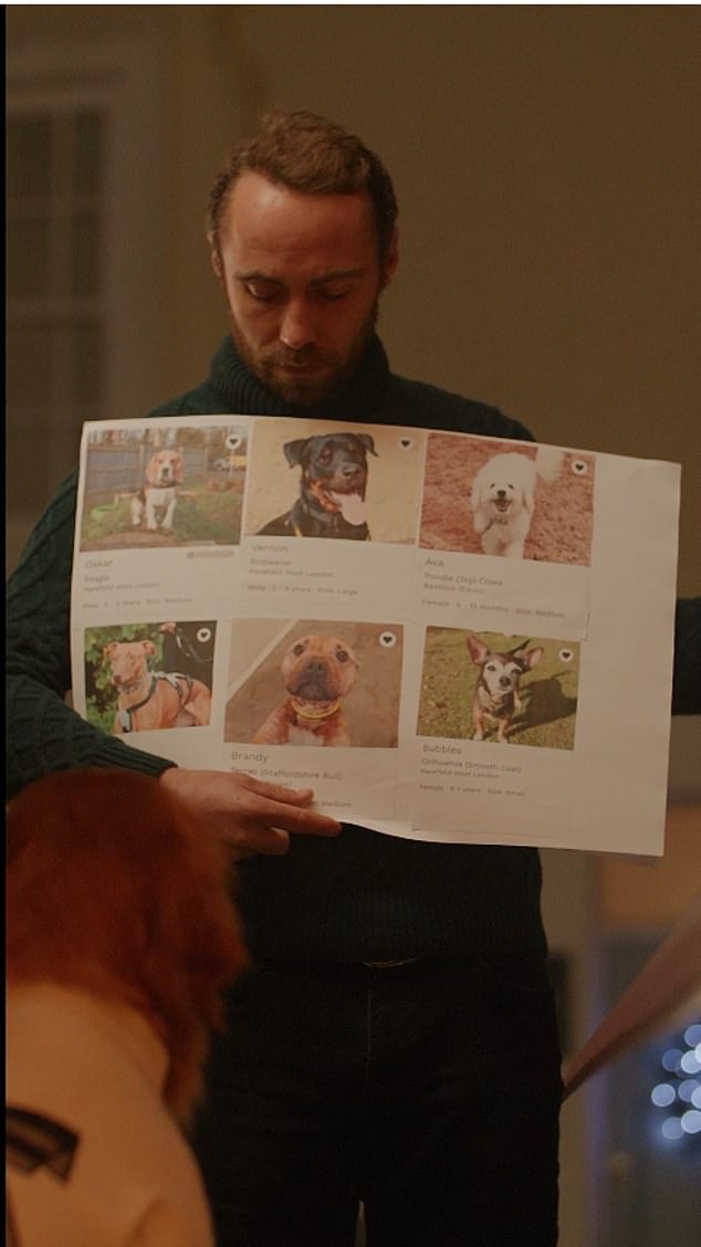 James holding a card with the names and photographs of dogs up for adoption at Dogs Trust.