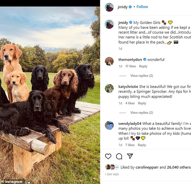 In her social media post, she also shared a photo of all of her dogs together, including James' five cocker spaniels: Ella, Inca, Luna, Zulu and Nala.