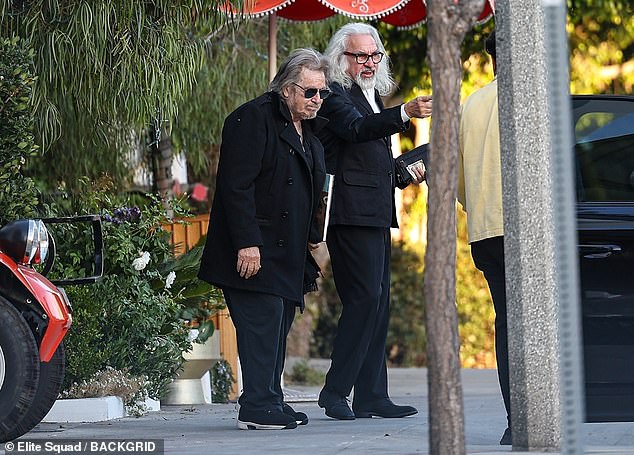 Pacino, 84, in his signature all-black ensemble, shared a lively moment outside the club with George