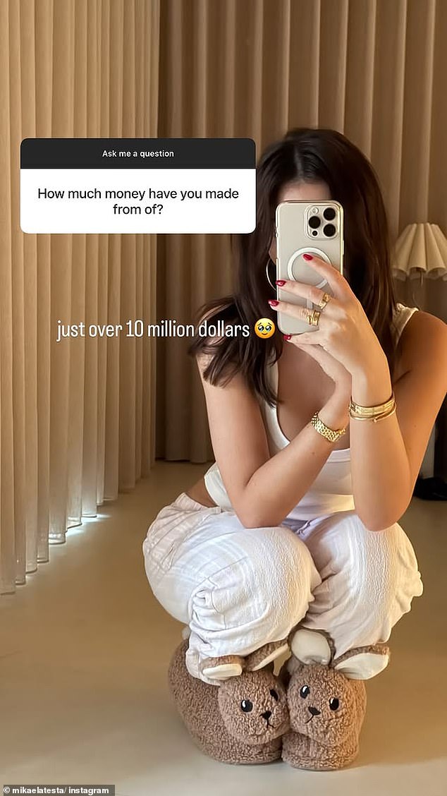 Sharing photos of herself in her incredibly palatial home, the content creator was asked how much she had earned making videos on the adult subscription platform. Regarding a photo of her crouching in pajamas and fluffy bunny slippers, the influencer responded 