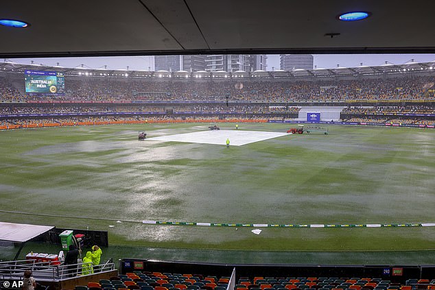 Heavy rain in Brisbane caused days one and three of the third Test between Australia and India to be delayed and puddles covered most of the Gabba (pictured).