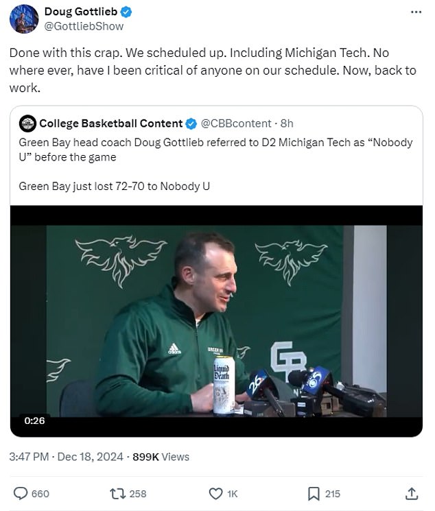 Gottlieb then responded bizarrely, saying he wasn't critical of teams on his schedule, but did so while tweeting a video of himself sounding critical of a team on his schedule.