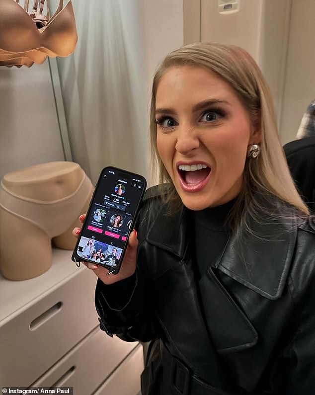 The social media star also shared an image of singer Meghan Trainor, who was wearing a black leather trench coat and holding her phone with Anna's TikTok profile on the screen. in the photo