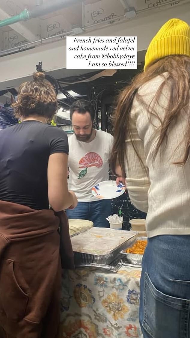 She included a photo of her Our Town co-star Jim Parsons, sporting a bushy beard, as he helped himself to the tasty spread.