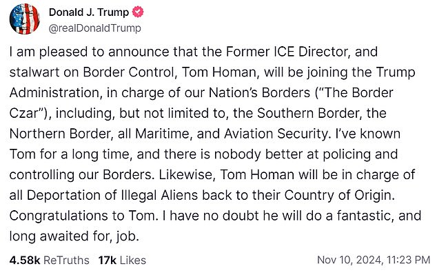 Trump announced the “border czar” stance on Truth Social