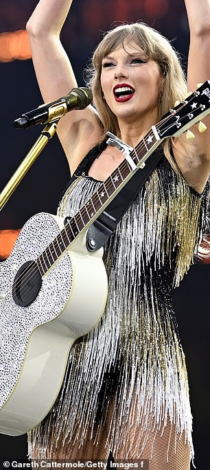 Brittany emulated singer Willow's Fearless era in a gray fringed dress paired with a silver and black tinsel jacket like the one the singer wore to sing Karma on stage; Taylor seen in August