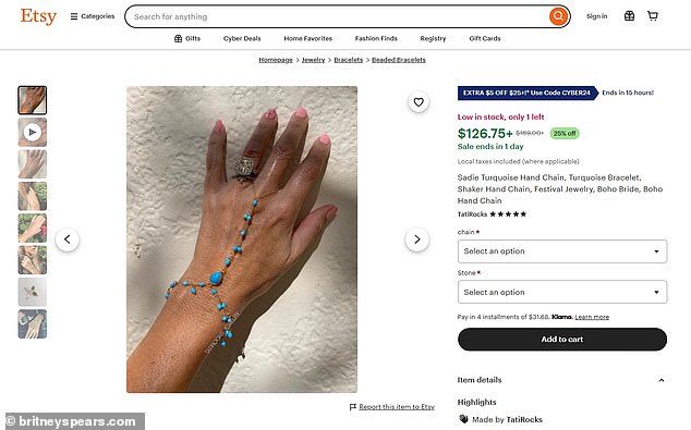 The 'made to order' silver hand chain originated from the TatiRocks Etsy shop and is called 'Sadie Turquoise Hand Chain'. It costs $126.75 and features a turquoise gemstone with the option of a silver or gold chain.