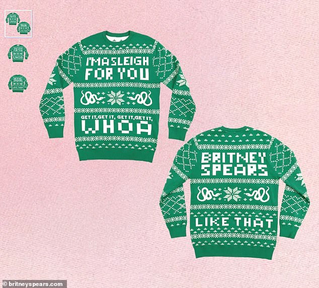 Britney's green 'I'm A Sleigh For You' Christmas sweater sold on her merchandise website costs a hefty $85.