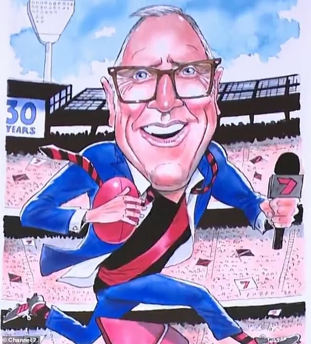 His fellow presenters presented him with a caricature drawn by illustrator Mark Knight, showing him wearing an Essendon jersey, while running with a football and a microphone.