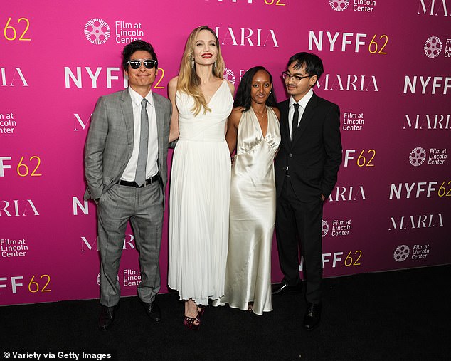 Pax Jolie-Pitt, Angelina Jolie, Zahara Jolie and Maddox Jolie-Pitt on the red carpet at the premiere of "Maria" during the 62nd New York Film Festival held at Alice Tully Hall on September 29, 2024