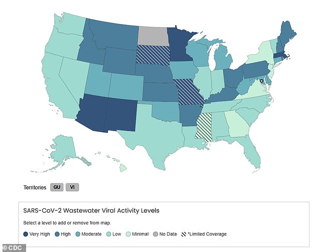 The CDC map above shows Covid wastewater activity levels by state. Missouri and South Dakota had the most activity.