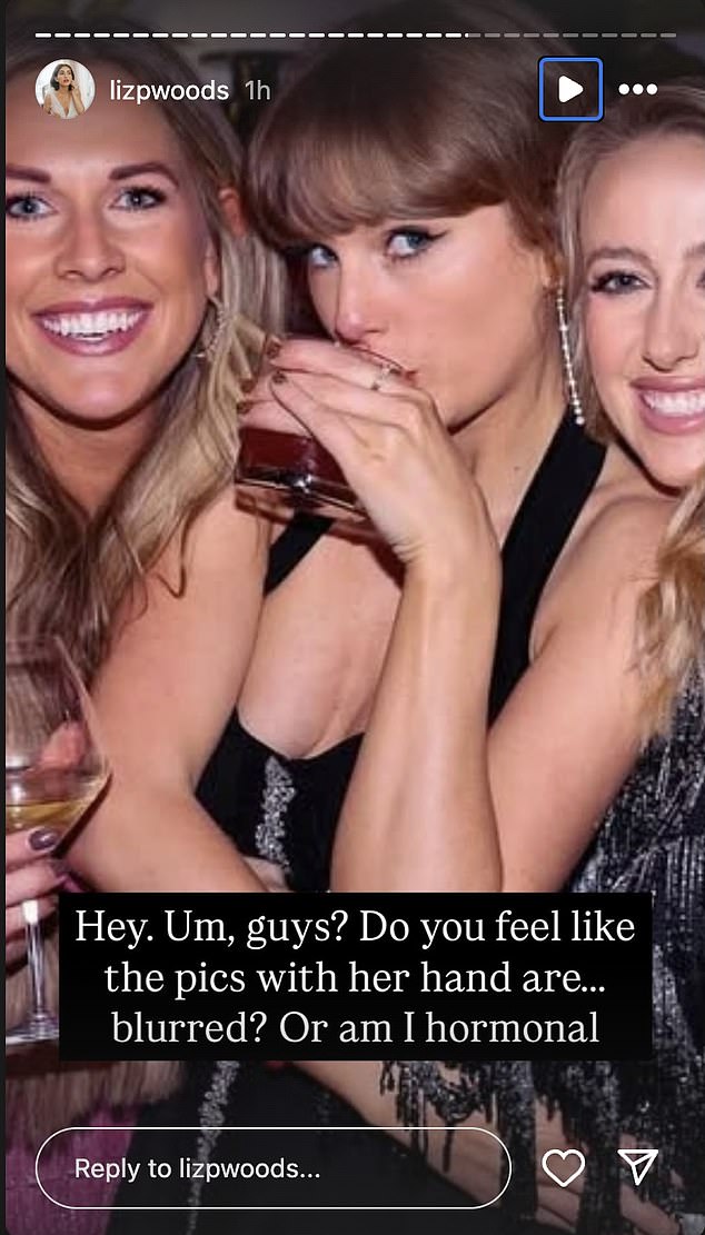 After closely examining photos from the party, one fan, who goes by @lizpwoods on Instagram, noticed that Swift's left ring finger looked blurry where a ring would be.