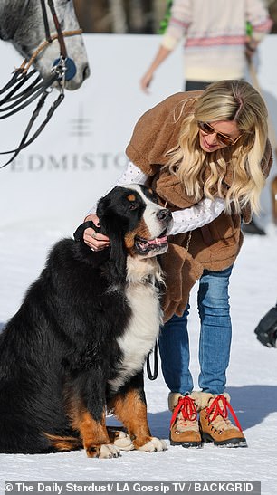 The hotel heiress-turned-designer, 41, bowed to greet a sweet St. Bernard.