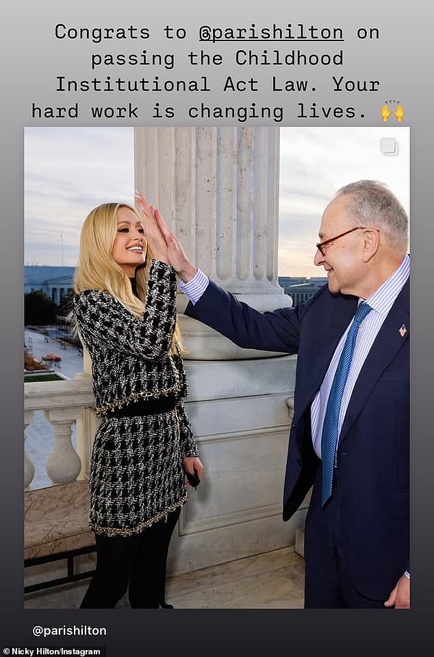 On Thursday, Rebecca Vallance's contributor congratulated her older sister Paris Hilton for helping pass the Stop Institutional Child Abuse Act in Congress after three years of lobbying politicians: 'Your hard work is changing lives! '