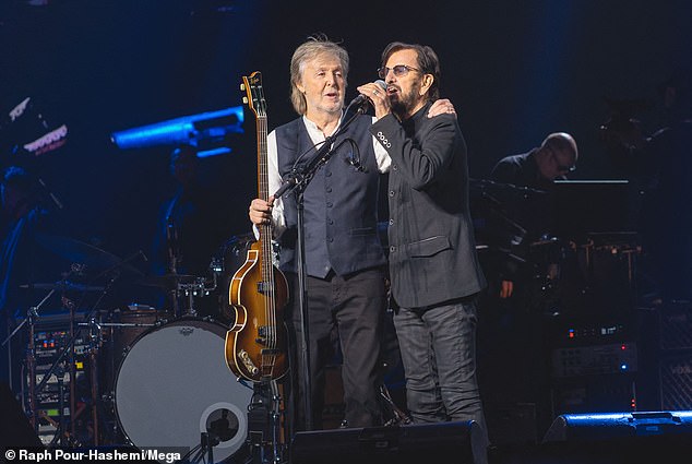 The pair seemed delighted to be playing together as Paul put his arm around Ringo in a touching moment for fans.