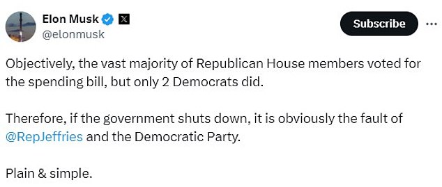 Elon Musk weighs in after the last-minute bill backed by the tech billionaire and newly elected president was voted down by Democrats and some conservative Republicans in the House of Representatives