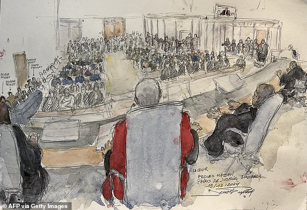 This court sketch taken on December 19, 2024 in Avignon shows the court during the hearing of the court verdict that sentenced Dominique Pelicot to the maximum sentence of 20 years in prison.