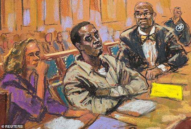 Sean Combs is pictured (center) in a courtroom drawing of his appearance at the Dec. 18 pretrial conference in New York federal court. Many have commented on how much weight he has lost during the three months he has been in federal lockup in Brooklyn