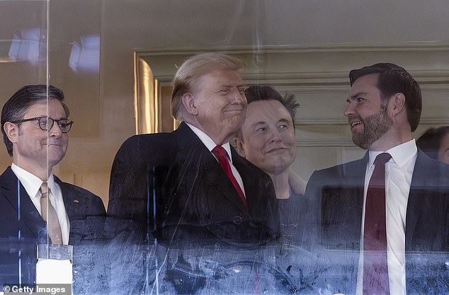 Speaker Mike Johnson with President-elect Trump, Vice President-elect JD Vance and Elon Musk on December 14. The last time the government shut down was during Trump's first term. It took 35 days. Trump and Musk helped kill the spending deal negotiated by Johnson and Democrats before the deadline