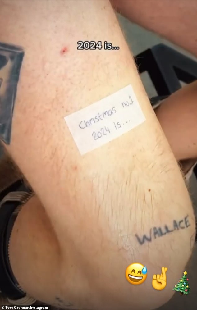 Tom permanently marked his offer with 'Christmas no. 1 2024 is...' on his right leg, with a blank space left hopefully, his name.