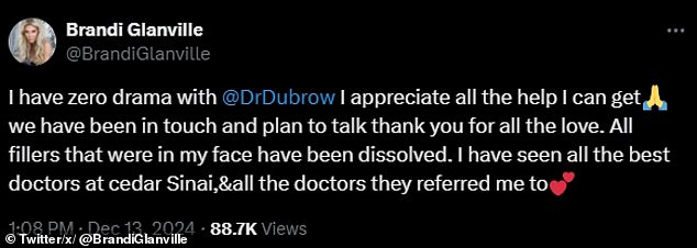 Also on Friday, Brandi shot down any rumors that she and Dubrow were fighting after he expressed concern about her face.