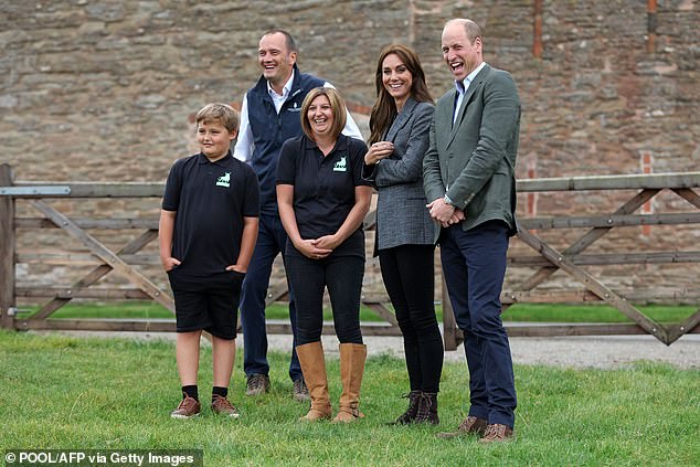 During the visit, the royal couple met Sam and Emily Stables (pictured with Alfie and the royal), who founded mental health charity We Are Farming Mind three years ago.