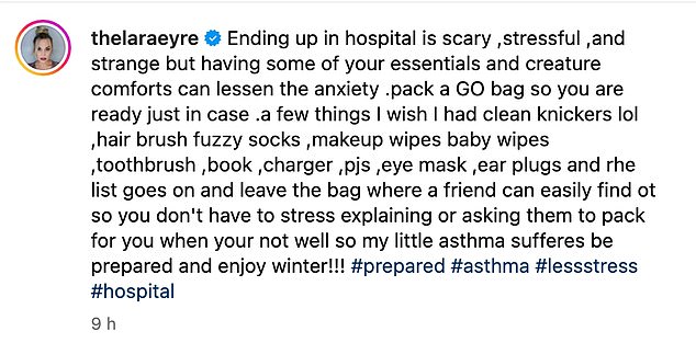 While the former dancer did not reveal specific details about what led to her hospital stay, speaking breathlessly to the camera she revealed: 