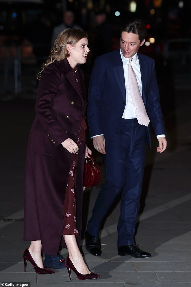 He was pictured walking alongside Edoardo and Beatrice, who is pregnant with their second child, as they arrived at Westminster Abbey.