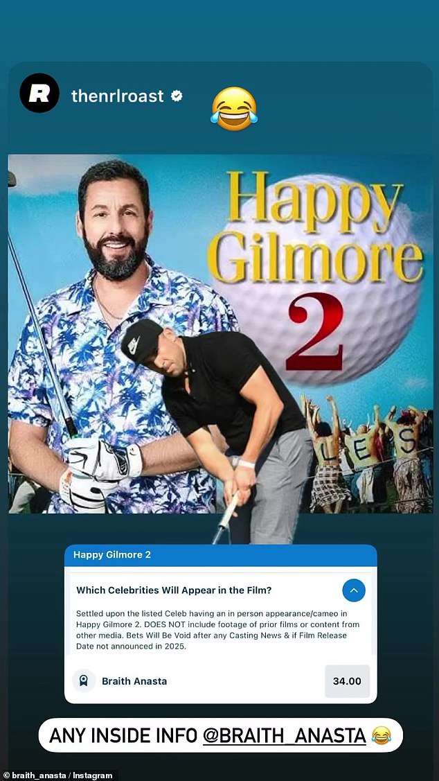 Anasta has appeared in a betting market for celebrity cameos in the new Happy Gilmore sequel, which was laughed at on social media.