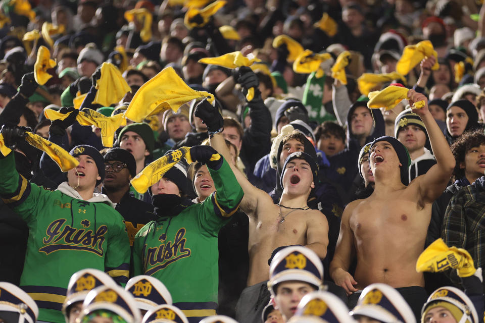 SOUTH BEND, INDIANA - DECEMBER 20: Notre Dame Fighting Irish fans cheer during the second half against the Indiana Hoosiers in the first round playoff game at Notre Dame Stadium on December 20, 2024 in South Bend, Indiana. Notre Dame defeated Indiana 27-17. (Photo by Michael Reaves/Getty Images)