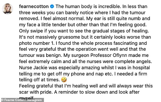 She captioned the post: 'The human body is amazing. In less than three weeks you can barely notice where the tumor was removed.'