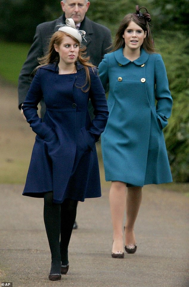 Princesses Beatrice (left) and Eugenie, daughters of Prince Andrew, arrive at St Mary Magdalene Church on the Sandringham estate on December 25, 2006.