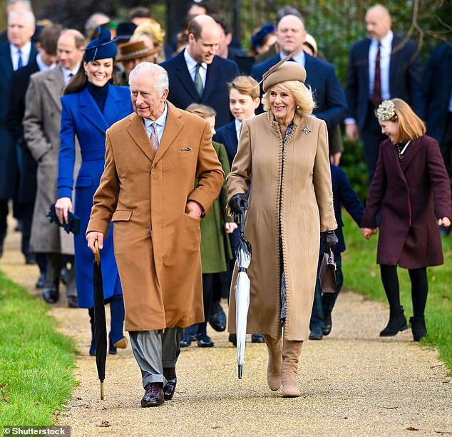 The King and Queen walk at the front on Christmas Day with the next in line to the throne, Prince William, walking with his family just behind his father.