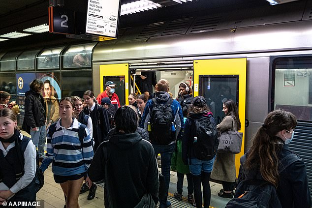 Disruptions to Sydney's rail network continued on Saturday with up to eighteen train services canceled by mid-morning (pictured, commuters at a train station in Sydney).