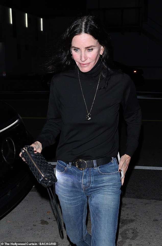 The Friends star wore minimal makeup to show off her timeless beauty as she donned a stylish black sweater and jeans.