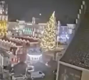 Security camera footage showed the moment a tree fell in a Belgian market