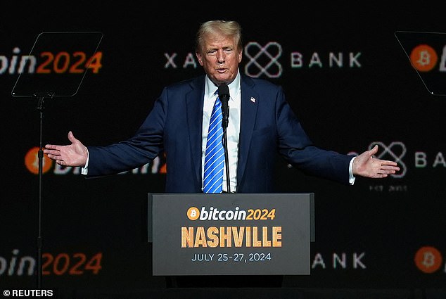 Bitcoin prices have soared in the weeks since Donald Trump won the presidential election (Image: Trump speaking at the Bitcoin 2024 event in July)