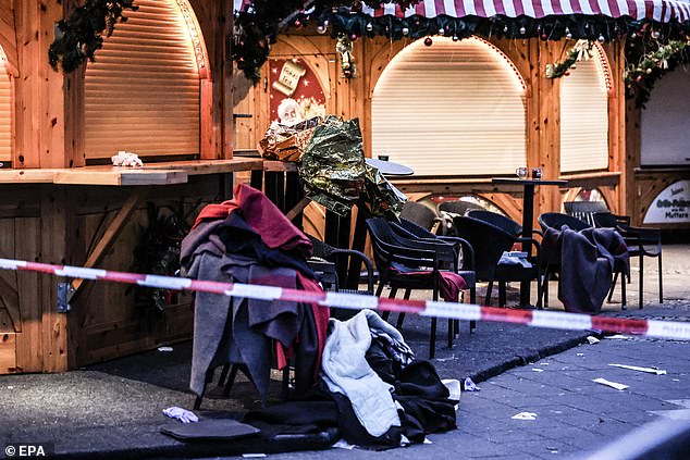 Piled up clothes left in a cordoned off area at the scene of a car ram attack