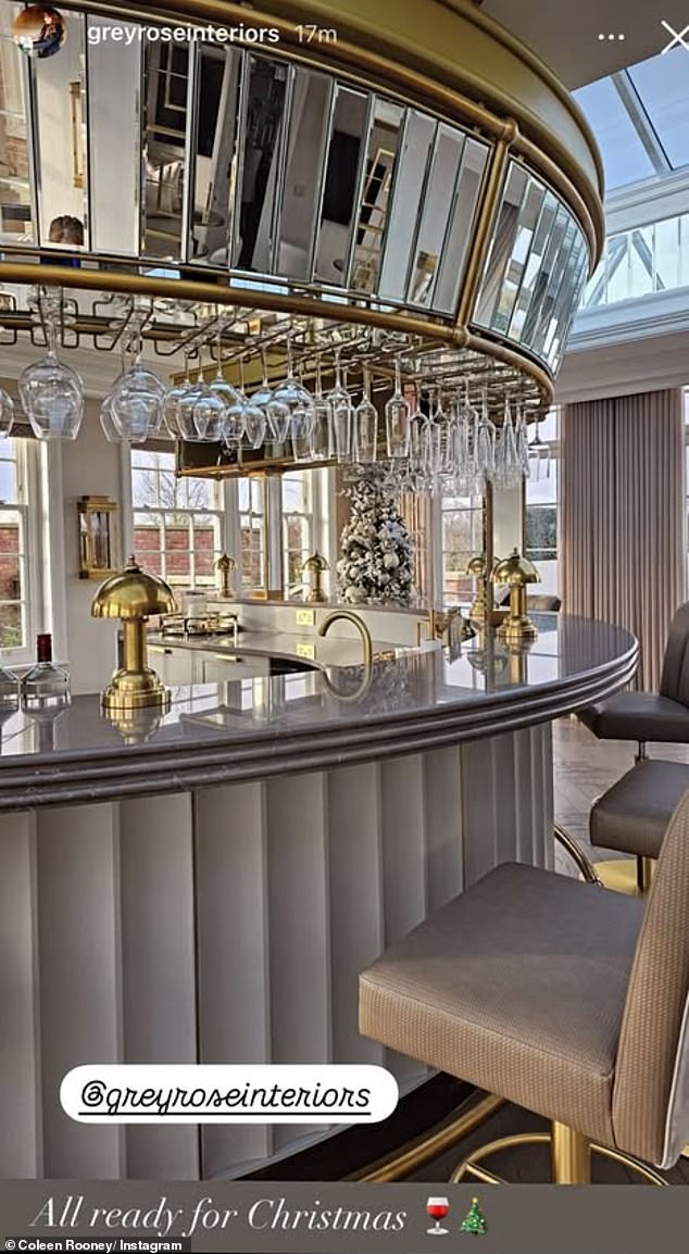 Sharing an Instagram Story on Friday night, Coleen highlighted a very glamorous looking indoor bar with gold finishes and mirror panels, along with light brown swings surrounding it.