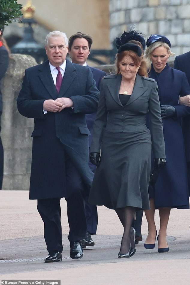 Prince Andrew and Sarah Ferguson arrive at the funeral of Constantine of Greece at Windsor Palace in February.