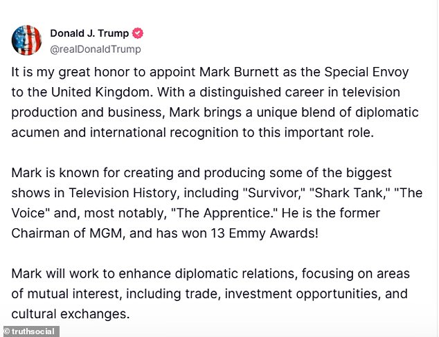 In his new announcement on the social media platform Truth Social, Donald Trump described Mark Burnett as the producer of some of the biggest shows in television history.