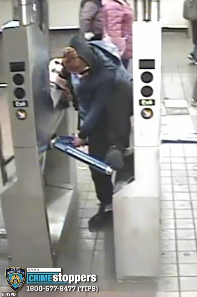 The suspect was caught on surveillance cameras jumping the turnstile