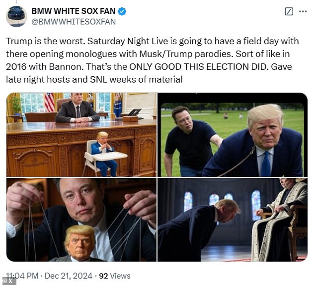 At the same time, memes poking fun at the nature of X-owner's relationship with the president-elect became widespread - with one reposter also comparing the situation to that surrounding Trump and his then-strategist Steve Bannon.