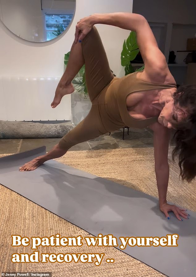 The TV presenter, who underwent a robotic hysterectomy last month, stunned in a strappy vest as she showed off a series of yoga poses.