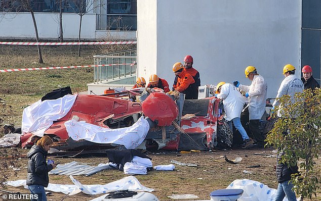 The site of the helicopter crash on the ground floor of the Mugla hospital in southwestern Turkey