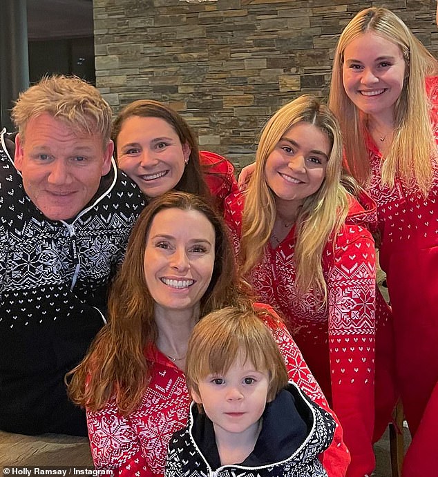 Holly and Adam will enjoy Christmas at the Ramsay family home in south-west London; Tana (second left) and her six children, Megan, 26, twins Holly (second after Gordon) and Jack, 24, Matilda, 23, (right) Oscar, 5 (with Tana) and Jesse, one .