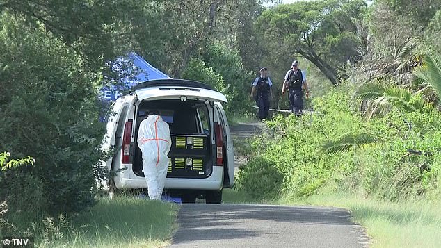 In the photo: Forensic agents examine the place where the bodies of a couple were discovered.