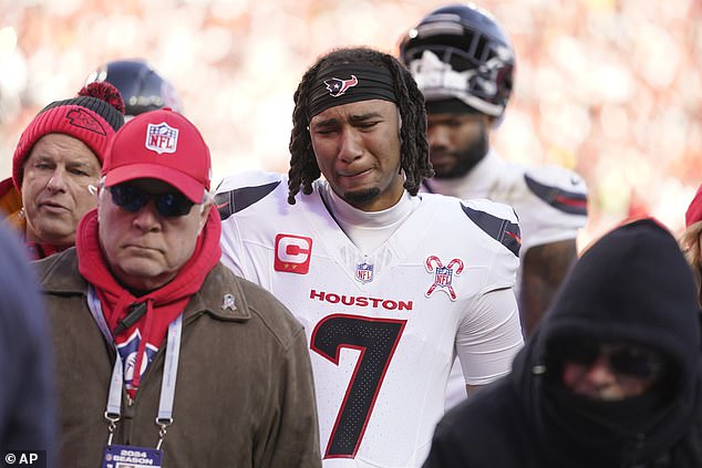 Dell's Texans teammate CJ Stroud appeared to be fighting back tears at the sight of the injury.